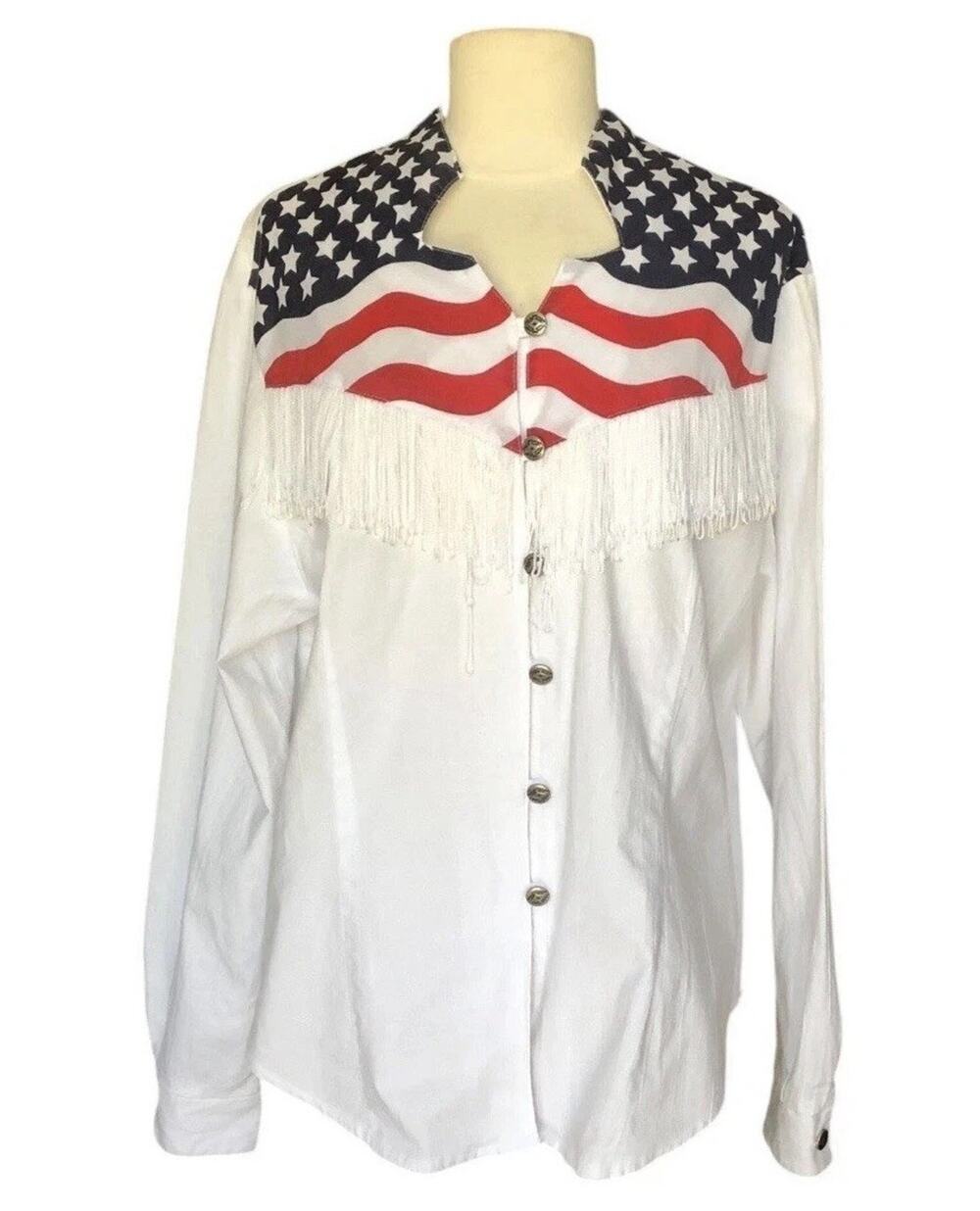 Vintage Rough Rider Circle T USA Patriotic Western Fringe Snap Button Shirt